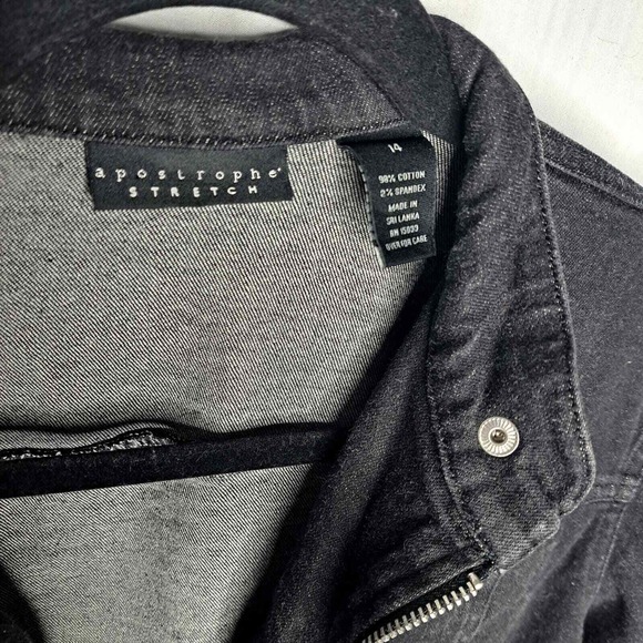 Apostrophe Jean Jacket Womens 14 Black Stretch Moto Denim Zip Up Biker Coat Cool - Picture 9 of 11